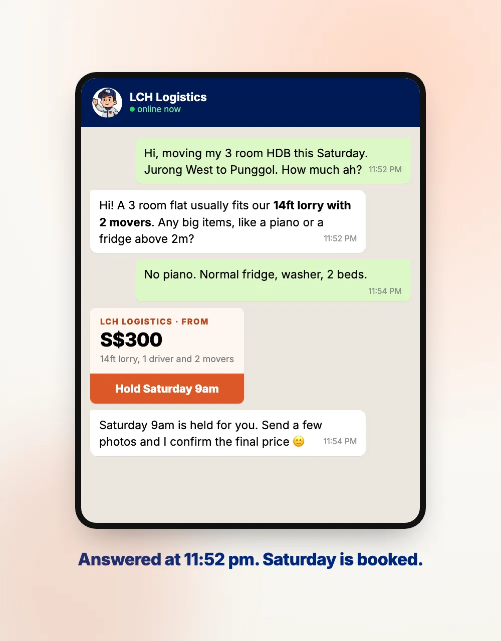 The same enquiry answered at 11:52 pm with a price and Saturday held